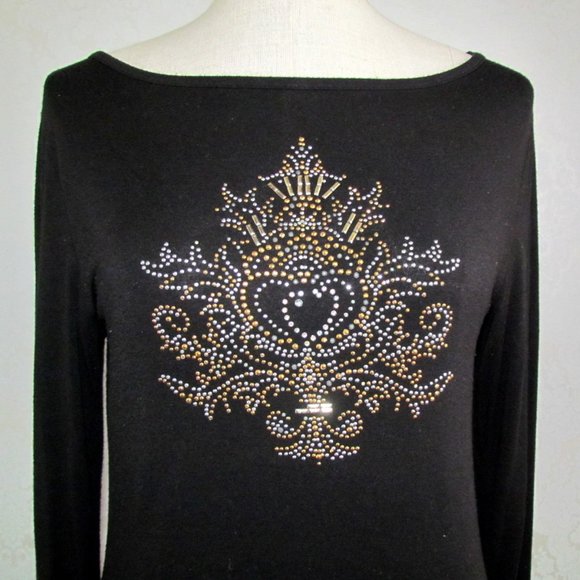 EMBELLISHED BLACK TOP, M, GOLD & SILVER BLING SPARKLY DESIGN, LONG SLEEVED RAYON - Picture 4 of 4